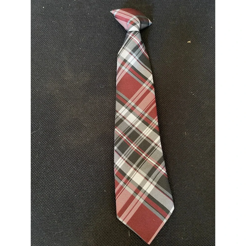 Red Black White Plaid Clip-On Necktie Polyester Formal School Uniform Tie